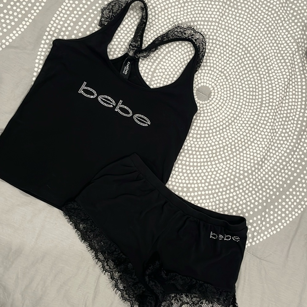 BEBE Black Lace Tank and Shorts Sleep Set